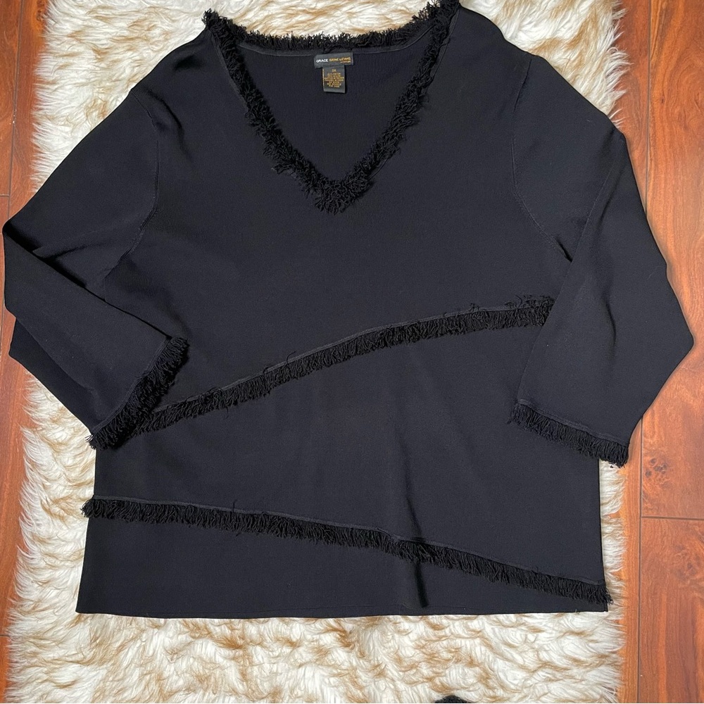 Grace Dane Lewis fringe trim V neck top